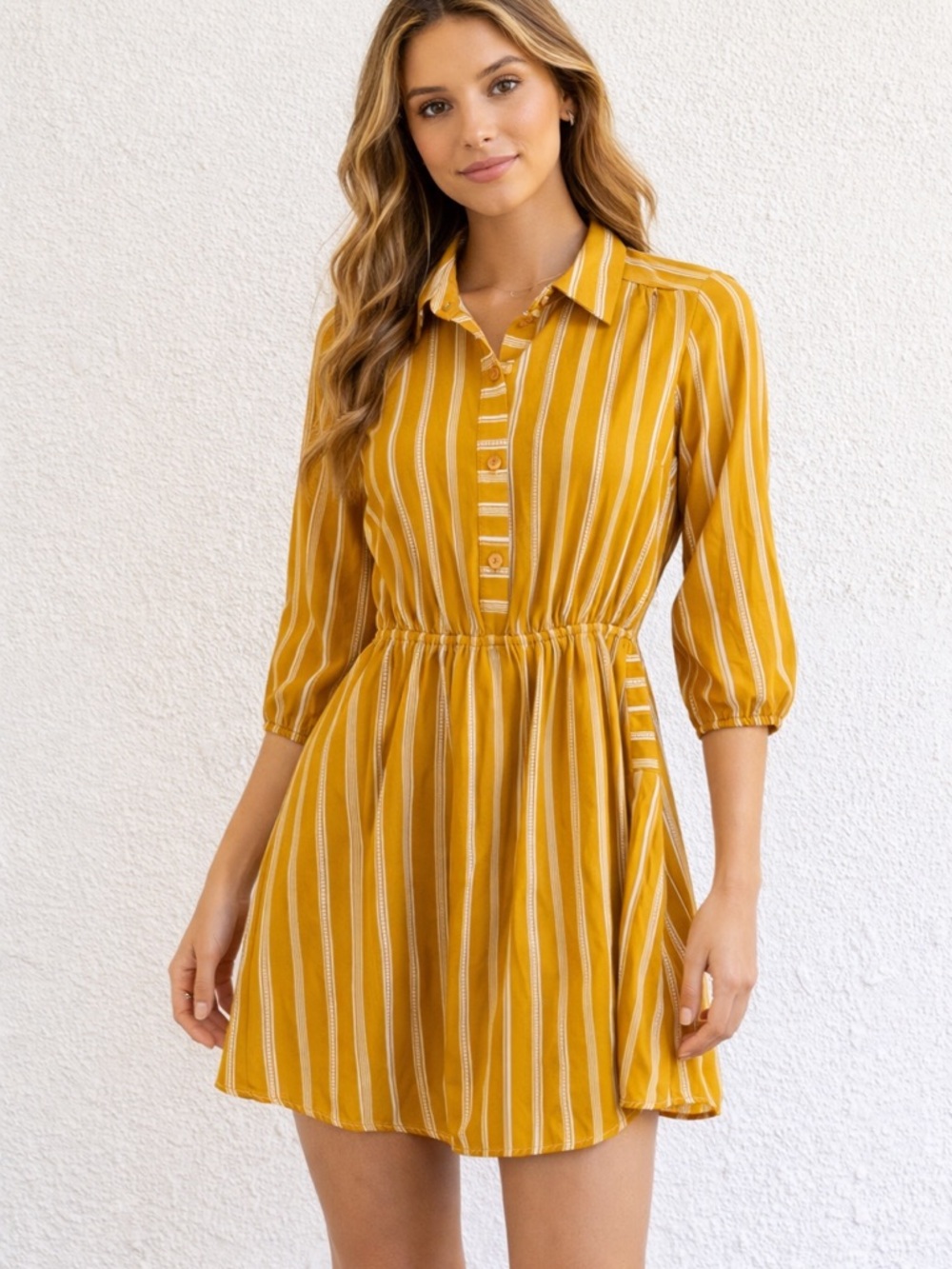 Monteau Mustard Striped Shirt Dress Size S Boho Chic Button Front